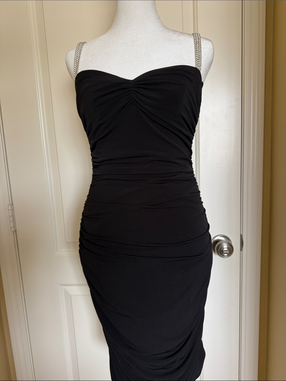 Moda International Black Strapless Ruched Bodycon Dress with Beaded Straps SizeS